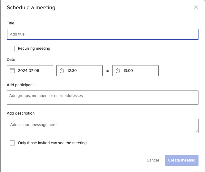 Project Calendar Meeting scheduling options including adding groups, members or straight email addresses, repeating meetings or one offs.