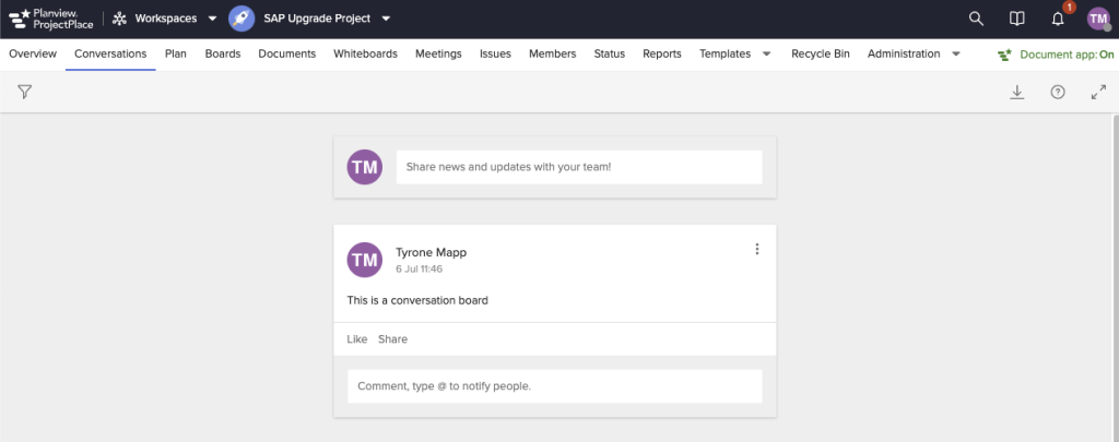 The full project "Conversation View" of your project chat board