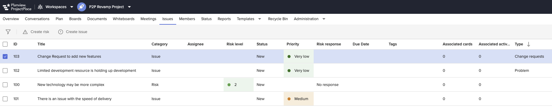 The list view of all of the Risks, Issues, Change requests and any other Type category you choose is easily managed in the user interface.